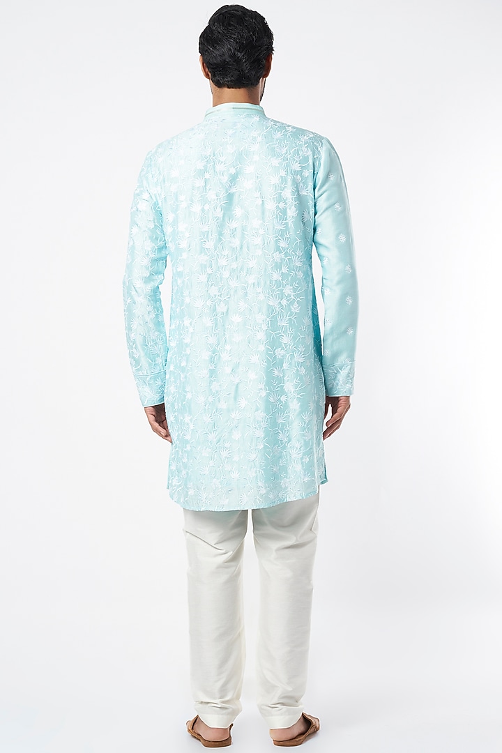 Mint Blue Embroidered Shirt Kurta Set by Adah Men at Pernia's Pop Up Shop