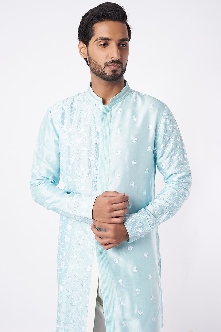 Mint Blue Embroidered Shirt Kurta Set by Adah Men at Pernia's Pop Up Shop