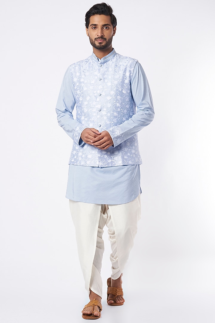 Sky Blue Kurta Set With Bundi Jacket by Adah Men at Pernia's Pop Up Shop