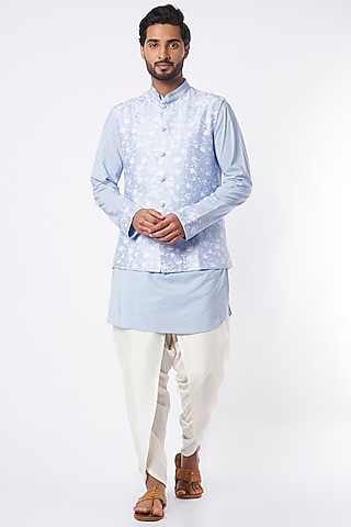 Sky Blue Kurta Set With Bundi Jacket by Adah Men