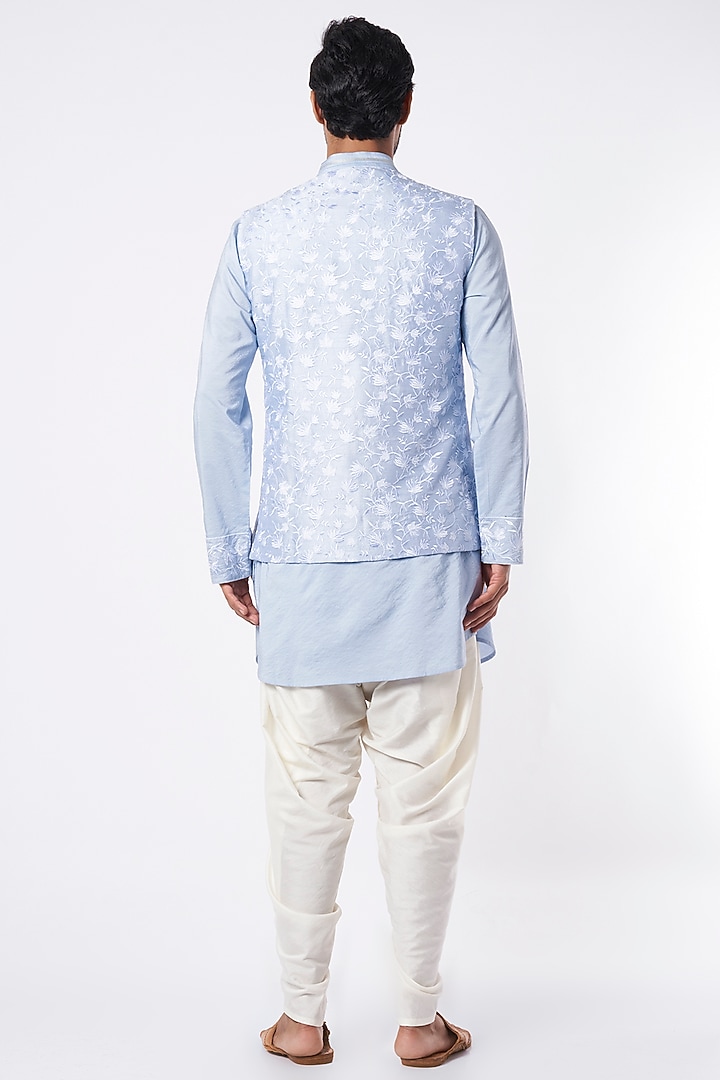 Sky Blue Kurta Set With Bundi Jacket by Adah Men at Pernia's Pop Up Shop