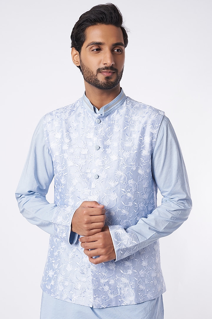 Sky Blue Kurta Set With Bundi Jacket by Adah Men at Pernia's Pop Up Shop