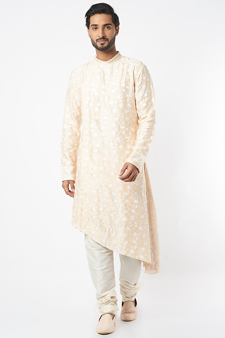 Pale Yellow Embroidered Flared Kurta Set by Adah Men
