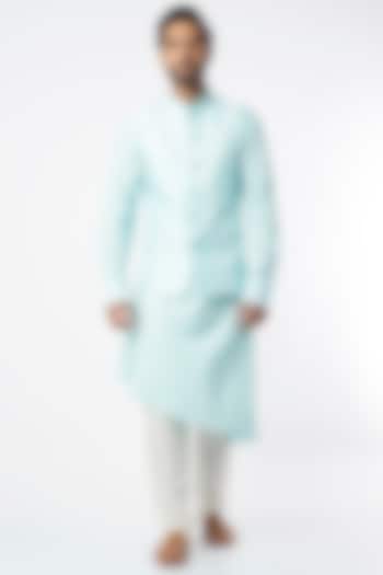 Mint Blue Flared Kurta Set With Embroidered Bundi Jacket by Adah Men