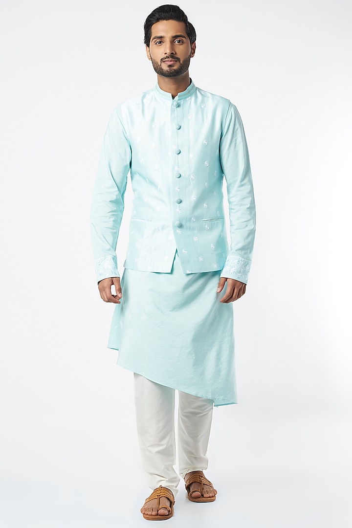 Mint Blue Flared Kurta Set With Embroidered Bundi Jacket by Adah Men
