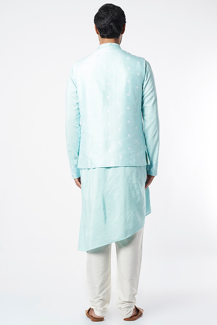 Mint Blue Flared Kurta Set With Embroidered Bundi Jacket by Adah Men at Pernia's Pop Up Shop