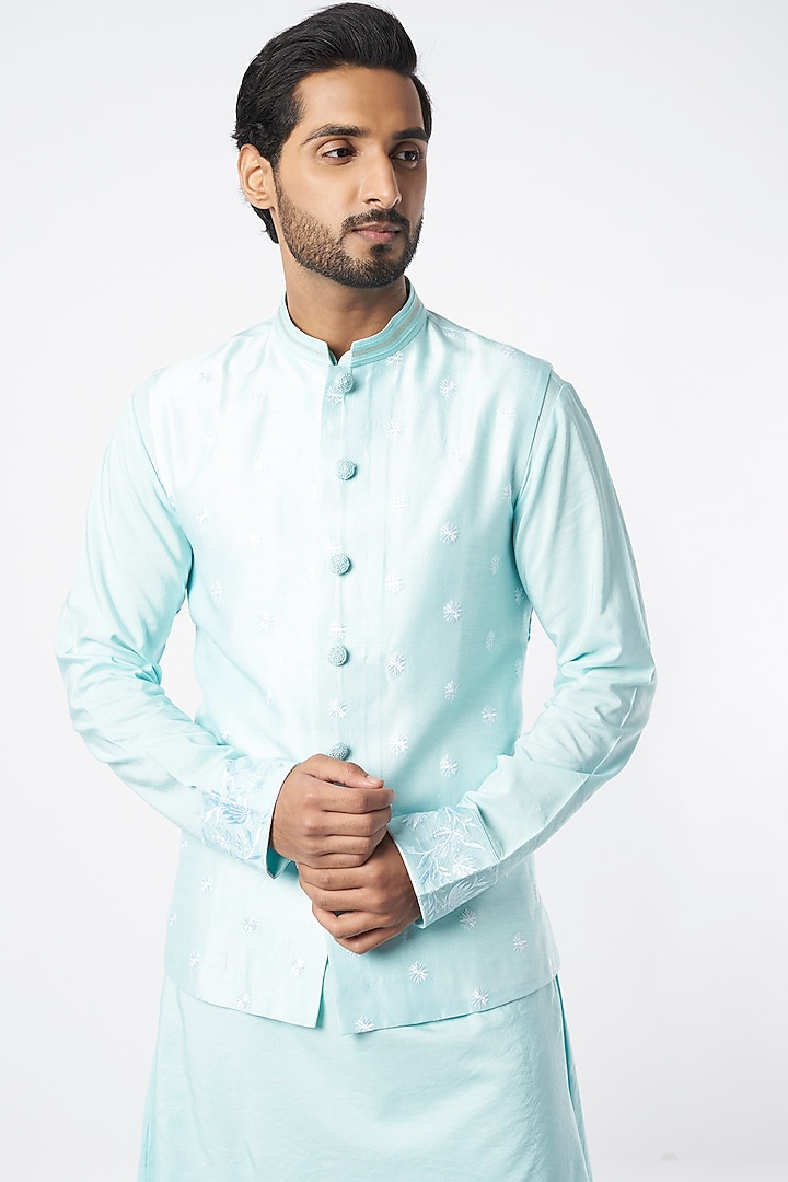 Mint Blue Flared Kurta Set With Embroidered Bundi Jacket by Adah Men at Pernia's Pop Up Shop