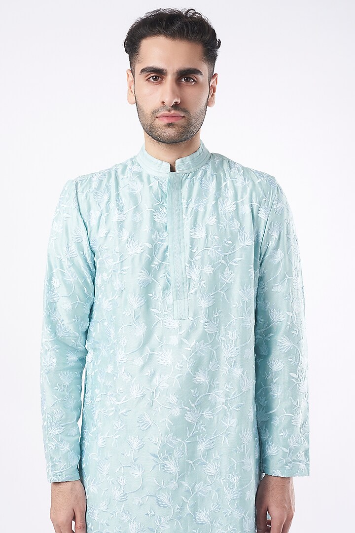 Pastel Mint Embroidered Kurta set by Adah Men at Pernia's Pop Up Shop