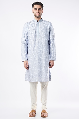 Sky Blue Embroidered Kurta set by Adah Men