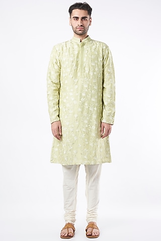 Lime Embroidered Kurta Set by Adah Men