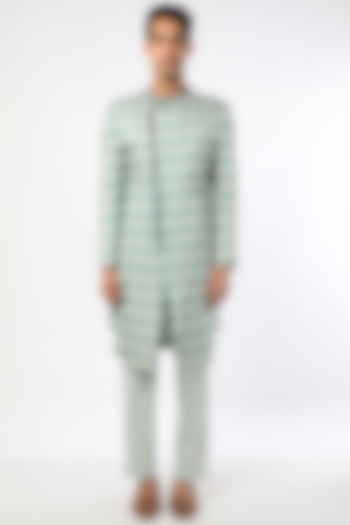 Turquoise Blue Printed Sherwani Set by Adah Men