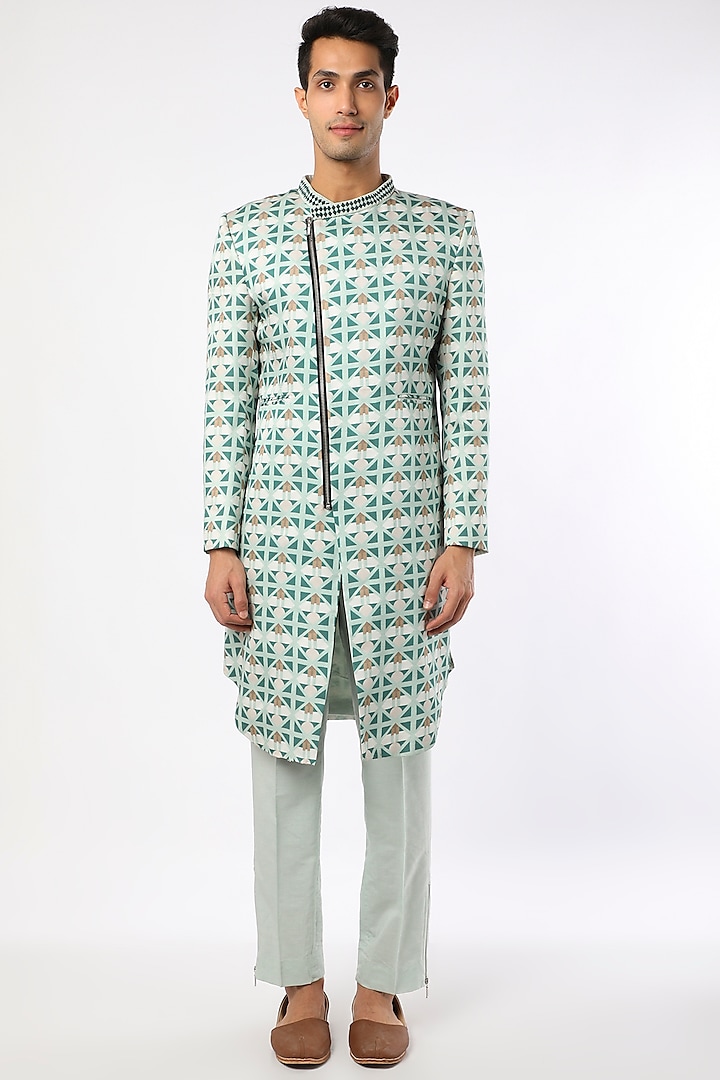 Turquoise Blue Printed Sherwani Set by Adah Men