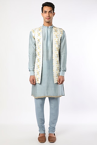 White Satin Printed Jacket Set by Adah Men