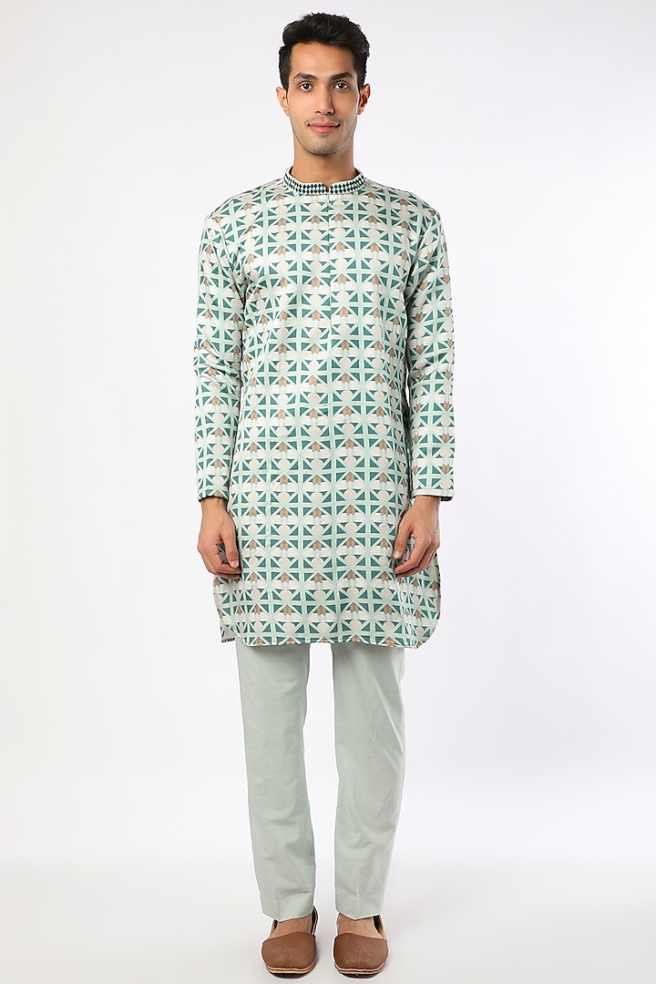 Turquoise Blue Geometric Printed Kurta Set by Adah Men