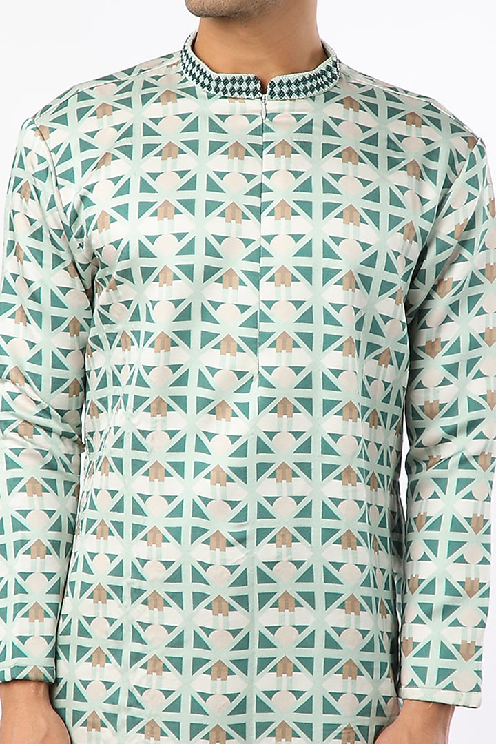 Turquoise Blue Geometric Printed Kurta Set by Adah Men at Pernia's Pop Up Shop