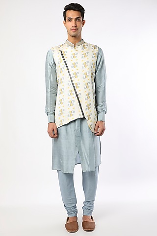 White Printed Bundi Jacket Set by Adah Men