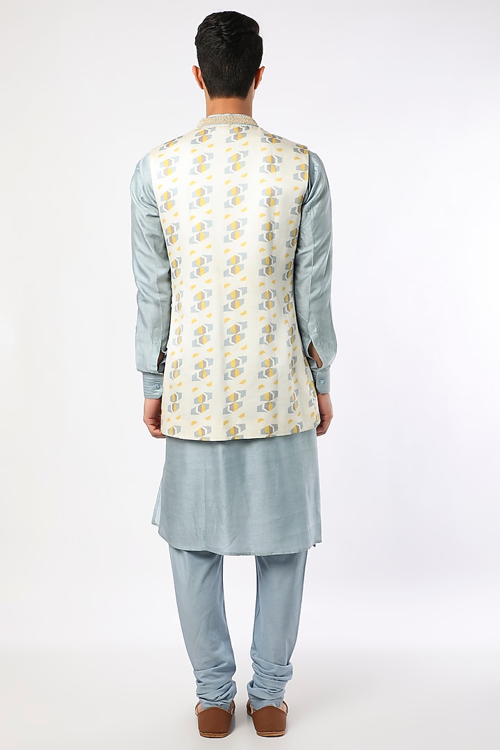 White Printed Bundi Jacket Set by Adah Men at Pernia's Pop Up Shop