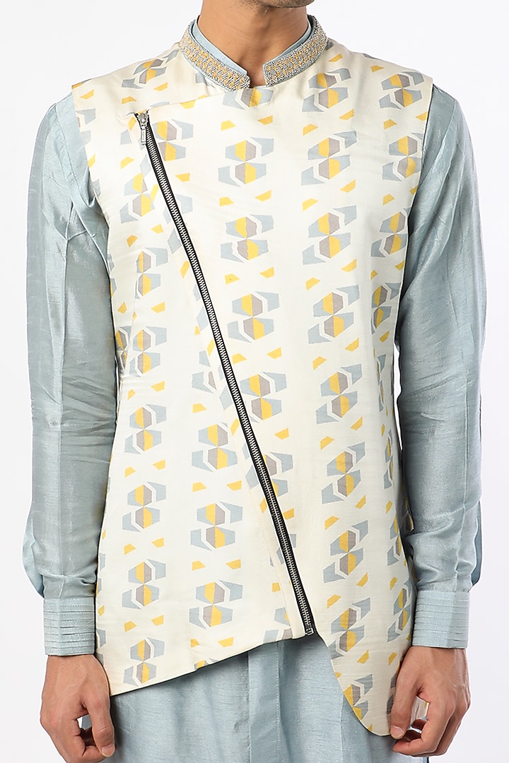 White Printed Bundi Jacket Set by Adah Men at Pernia's Pop Up Shop