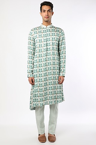 Turquoise Blue Printed Kurta Set by Adah Men