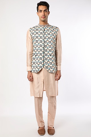 Multi-Colored Printed Bundi Jacket Set by Adah Men