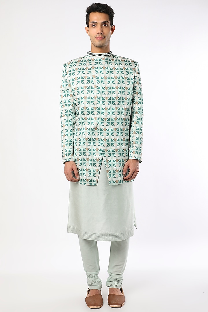 Turquoise Blue Printed Bundi Jacket Set by Adah Men