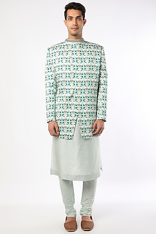 Turquoise Blue Printed Bundi Jacket Set by Adah Men