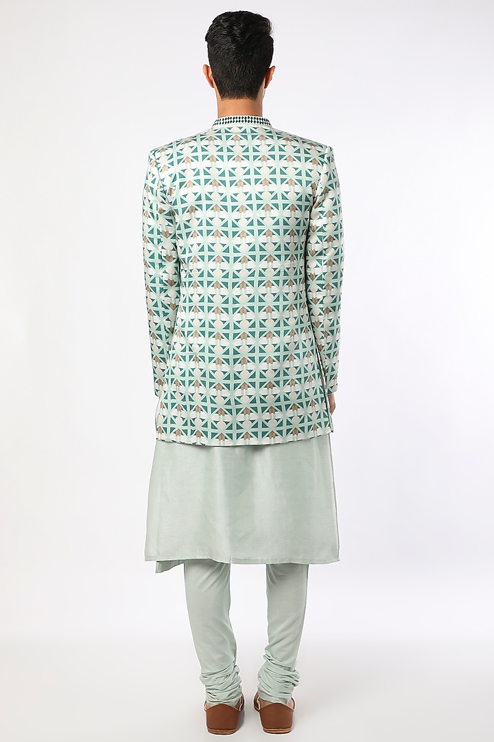 Turquoise Blue Printed Bundi Jacket Set by Adah Men at Pernia's Pop Up Shop