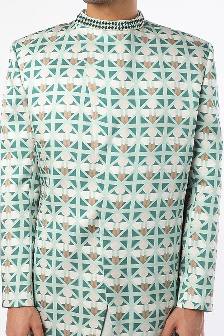 Turquoise Blue Printed Bundi Jacket Set by Adah Men at Pernia's Pop Up Shop