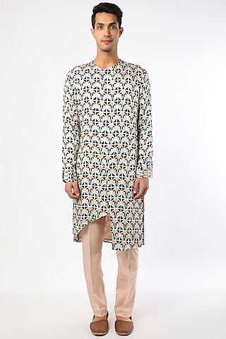 Multi-Colored Modal Satin Geometric Printed Kurta Set by Adah Men