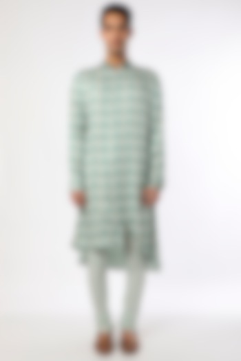 Turquoise Blue Satin Printed Kurta Set by Adah Men at Pernia's Pop Up Shop