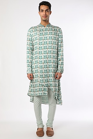 Turquoise Blue Satin Printed Kurta Set by Adah Men