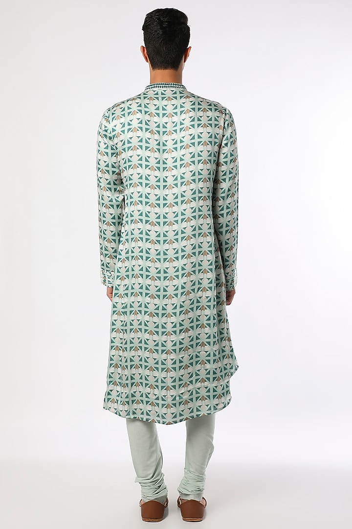 Turquoise Blue Satin Printed Kurta Set by Adah Men at Pernia's Pop Up Shop