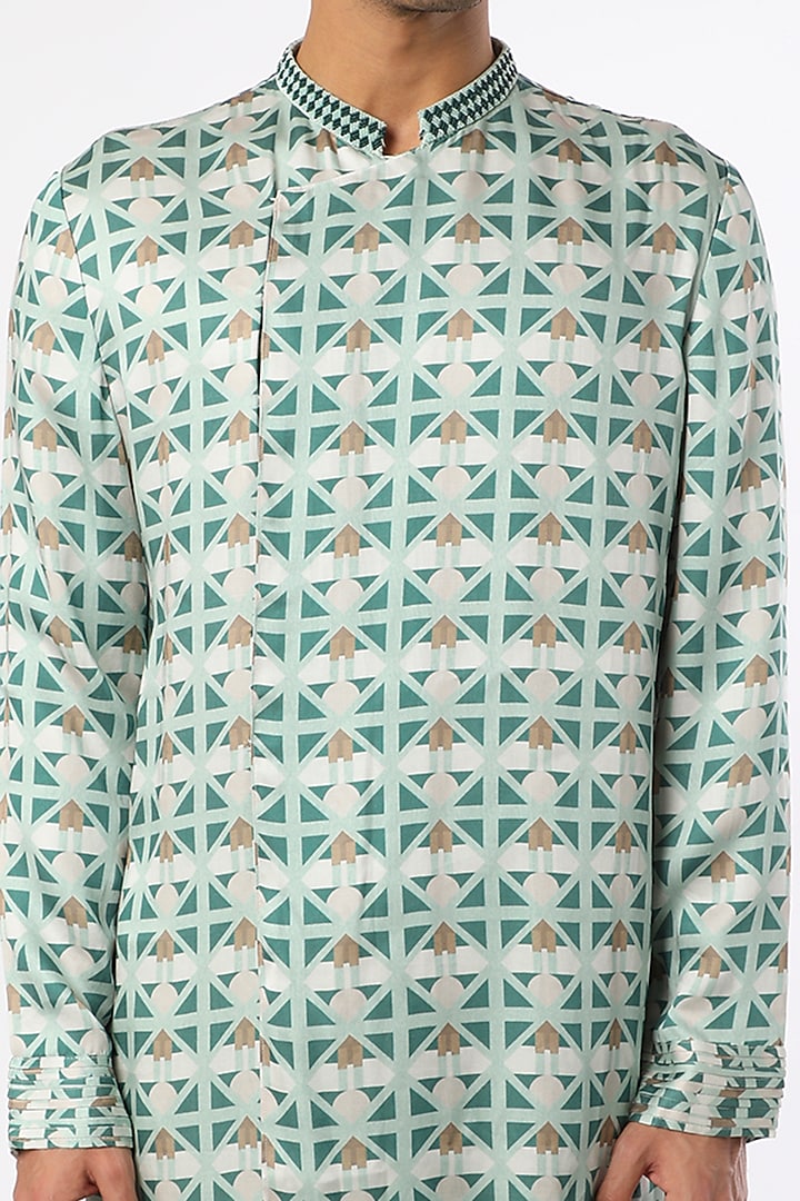 Turquoise Blue Satin Printed Kurta Set by Adah Men at Pernia's Pop Up Shop
