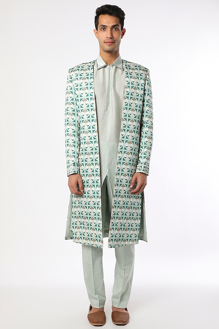 Turquoise Blue Printed Open Sherwani Set by Adah Men