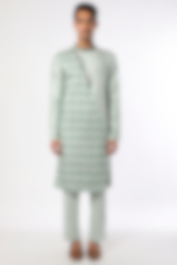 Turquoise Blue Dupion Printed Kurta Set by Adah Men at Pernia's Pop Up Shop