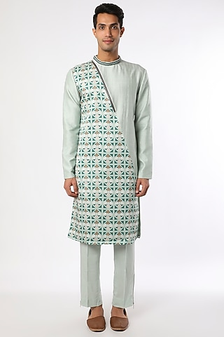 Turquoise Blue Dupion Printed Kurta Set by Adah Men