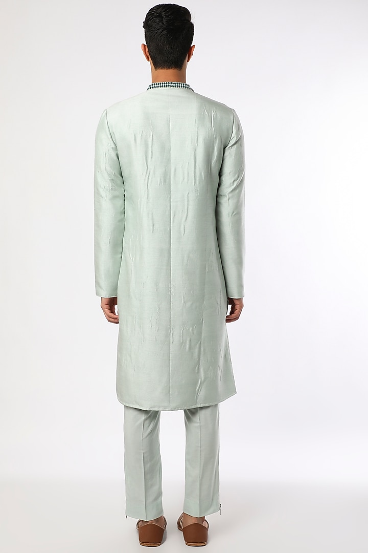 Turquoise Blue Dupion Printed Kurta Set by Adah Men at Pernia's Pop Up Shop