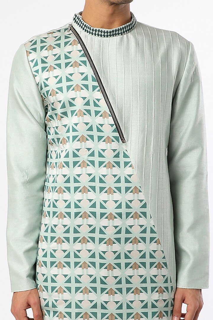 Turquoise Blue Dupion Printed Kurta Set by Adah Men at Pernia's Pop Up Shop