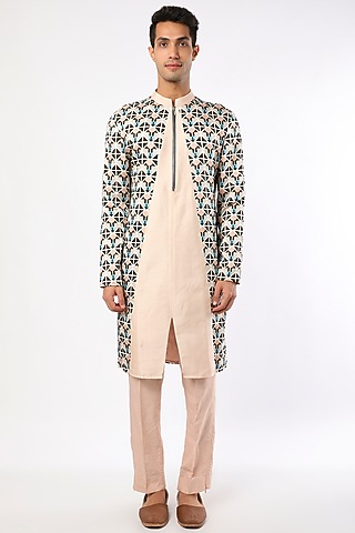 Cream Satin Printed Kurta Set by Adah Men