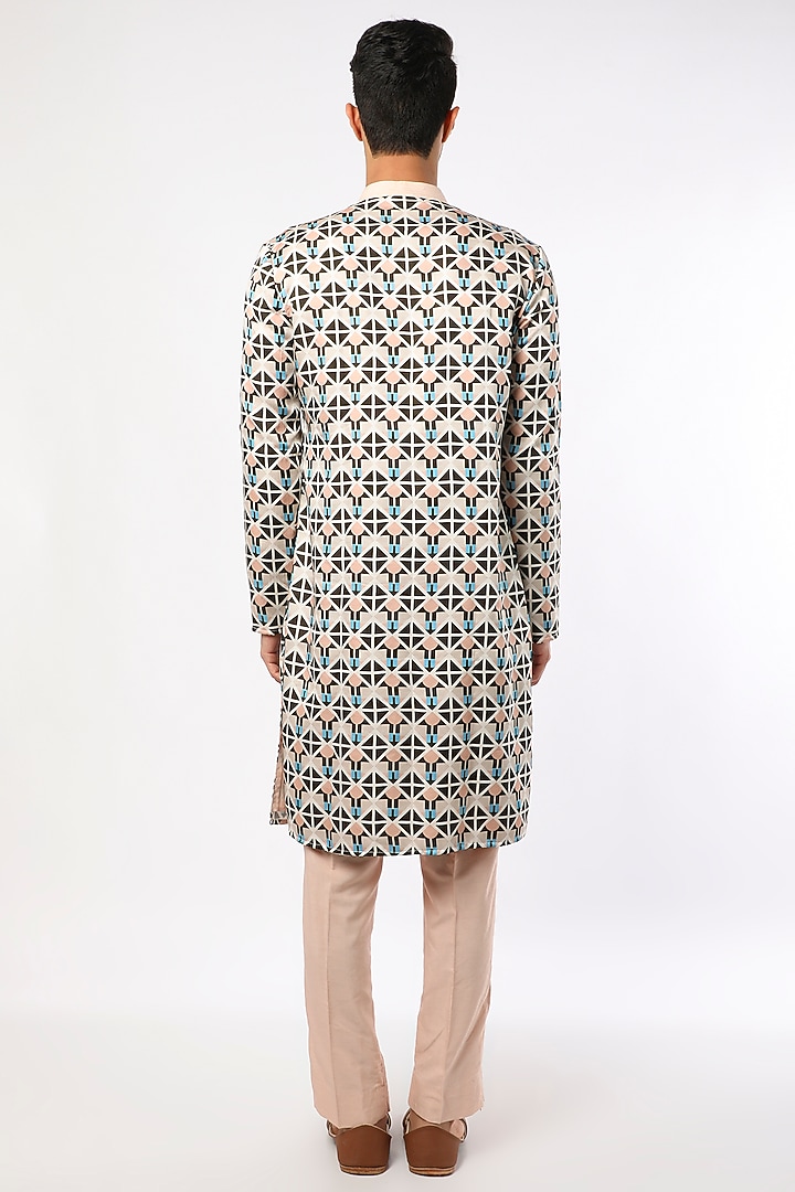 Cream Satin Printed Kurta Set by Adah Men at Pernia's Pop Up Shop