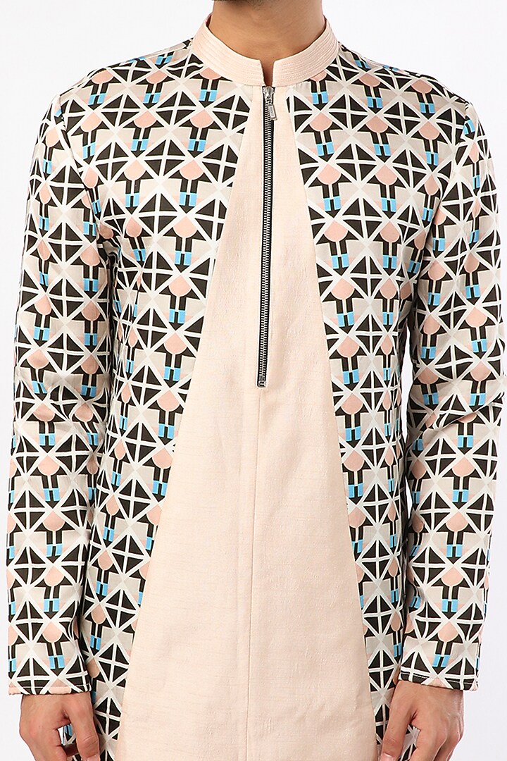 Cream Satin Printed Kurta Set by Adah Men at Pernia's Pop Up Shop