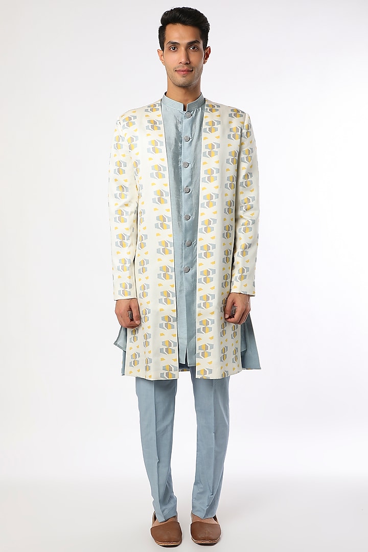 White Satin Printed Open Sherwani Set by Adah Men