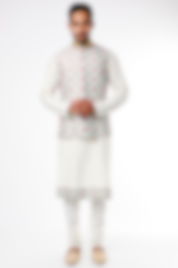 Ivory Kurta Set With Printed Bundi Jacket by Adah Men