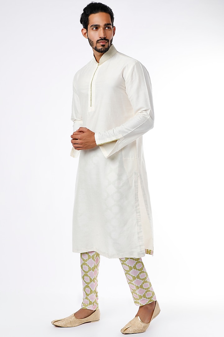 Ivory Cotton Silk Kurta Set by Adah Men