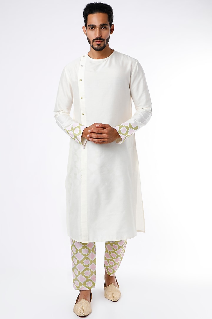 Ivory & Lime Cotton Silk Kurta Set by Adah Men