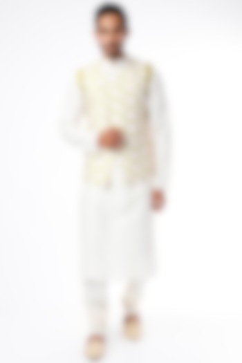 Ivory Kurta Set With Lime Bundi Jacket by Adah Men