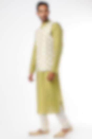 Lime Kurta Set With Bundi Jacket by Adah Men