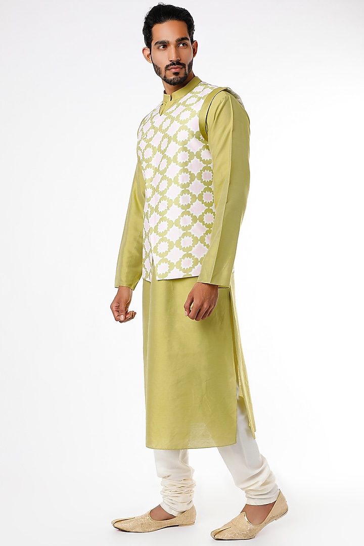 Lime Kurta Set With Bundi Jacket by Adah Men