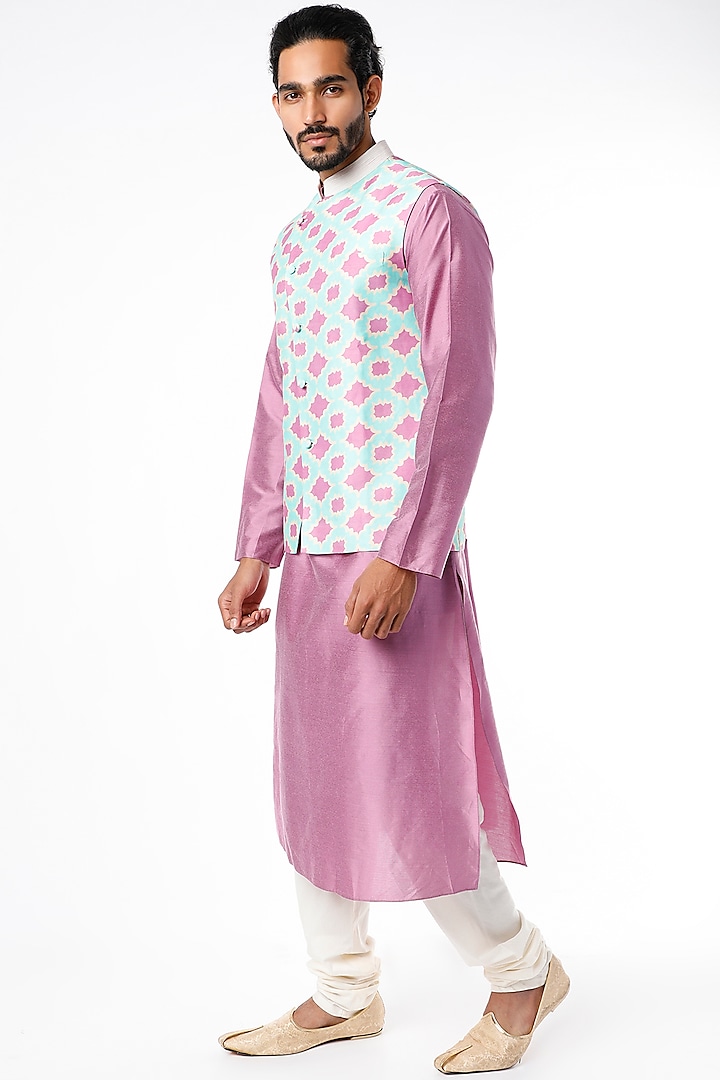 Lilac Kurta Set With Bundi Jacket by Adah Men