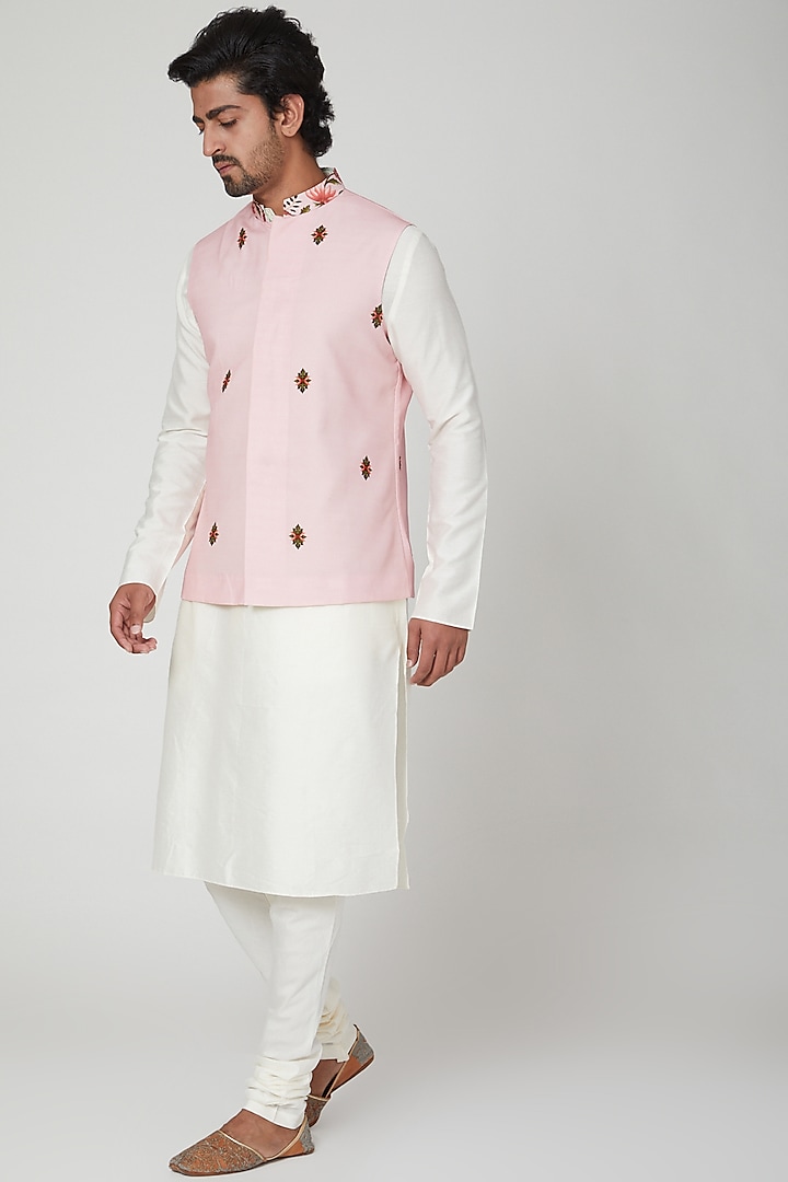 White & Pink Kurta Set by Adah Men